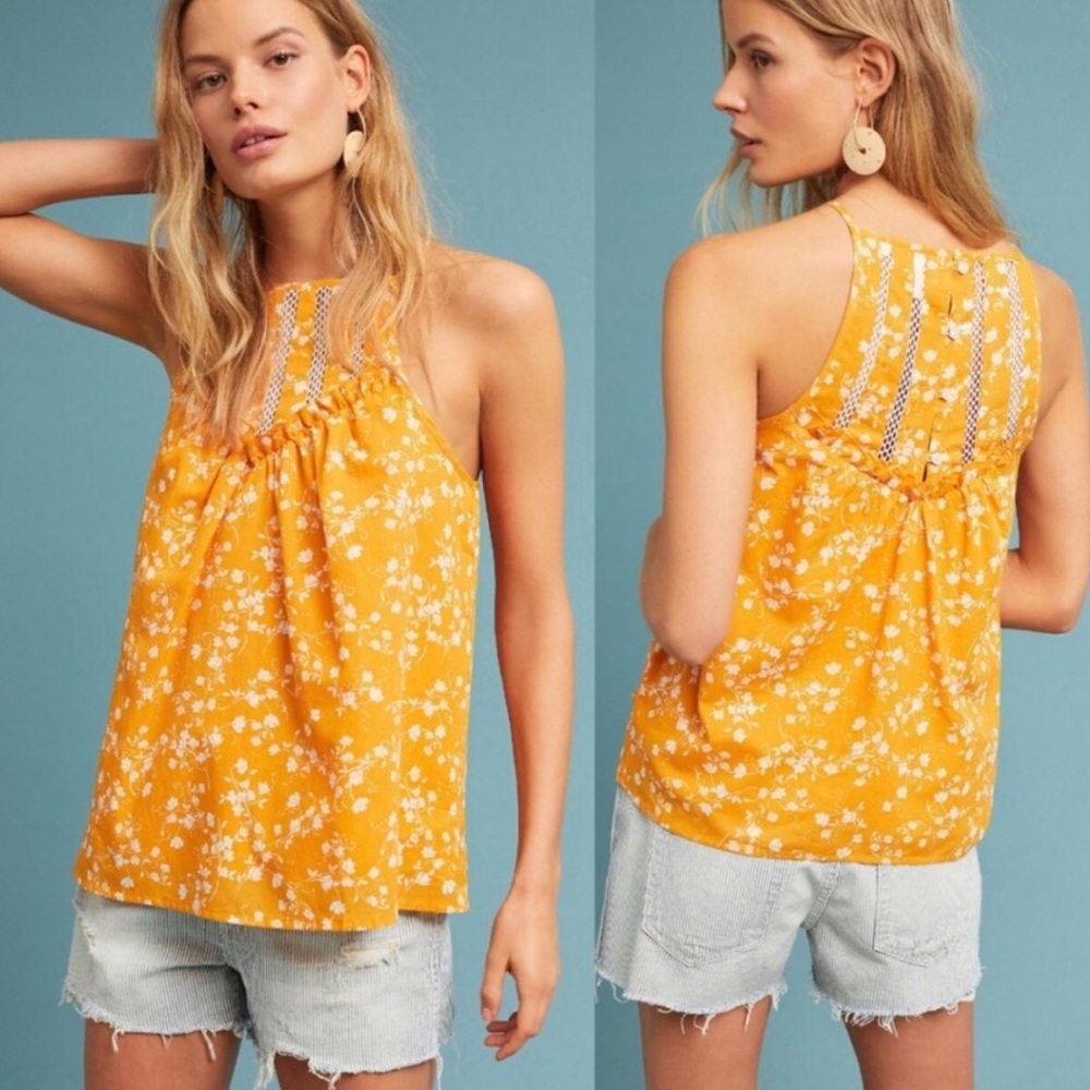 Maeve by Anthropologie Mustard Yellow Floral High Neck Tank Top
